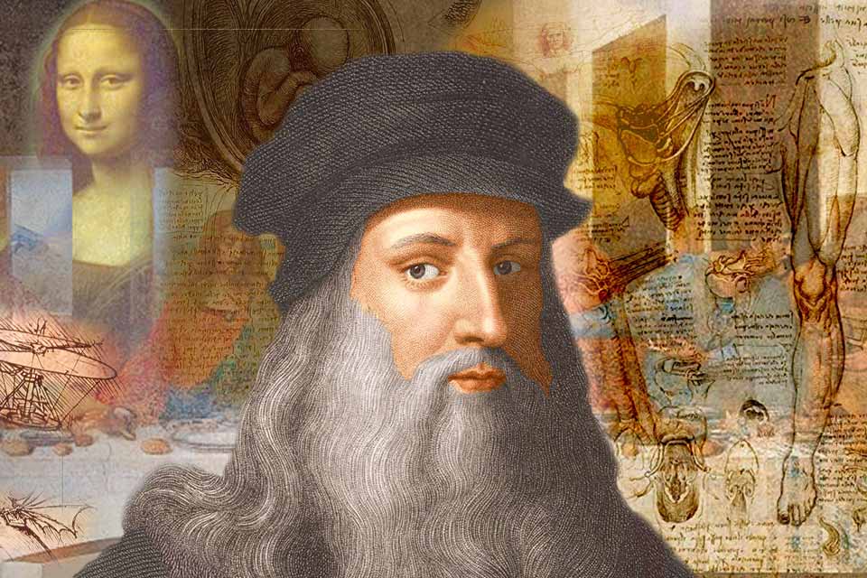 Leonardo da Vinci retrato y collage de algunas obras